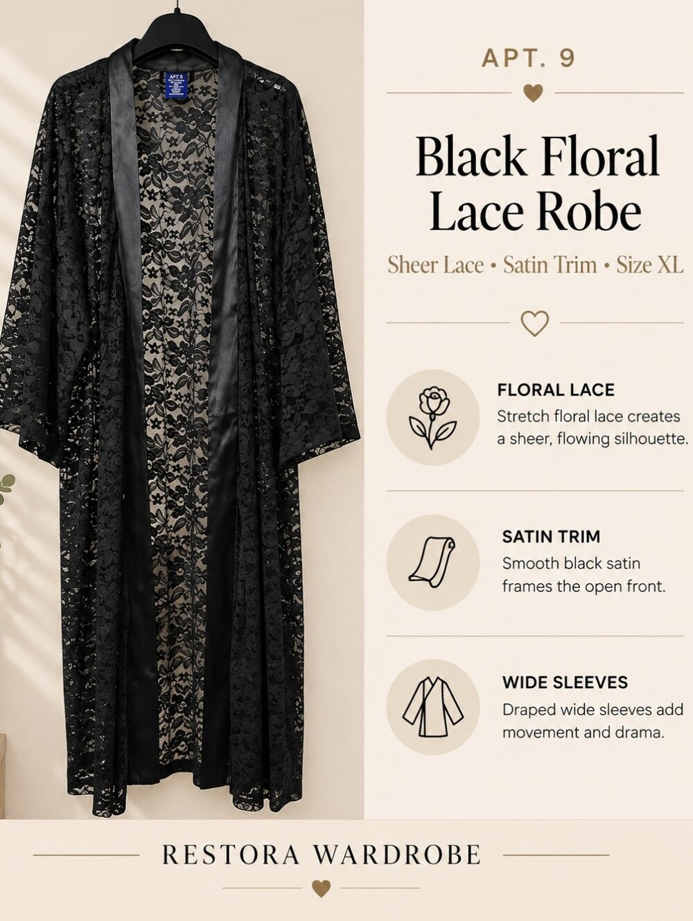 Apt. 9 Black Sheer Floral Lace Robe Satin Trim Romantic Goth NWT XL